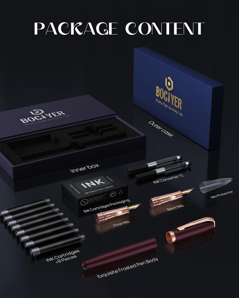 BOCIYER samurai Fountain Pen Set,Hand Polished Medium Nib,Calligraphy Nib(Bent Nib),Includes 8 Ink Cartridges,Ink Refill Converter*2 And Gift Box,Best Pen Gift Set for Men & Women(Dark red) - Image 2
